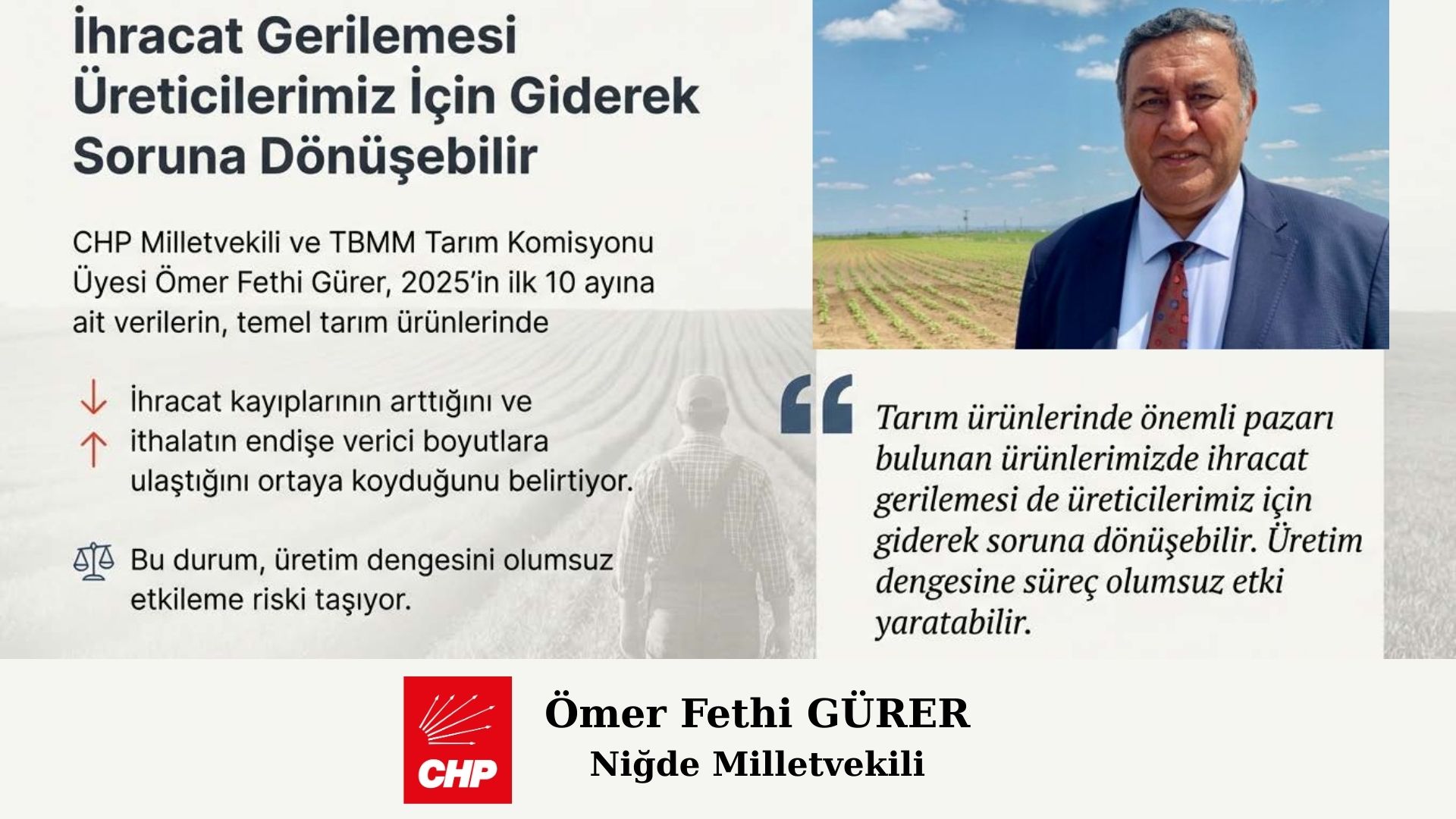 CHP’Lİ GÜRER: “ÇİFTÇİ DESTEKLERİ YETERSİZ GIDA ARZI RİSK ALTINDA”